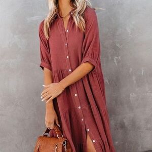 Relaxed Style Bohemian Tiered Button Front Dress Firebrick Color Gauze blend